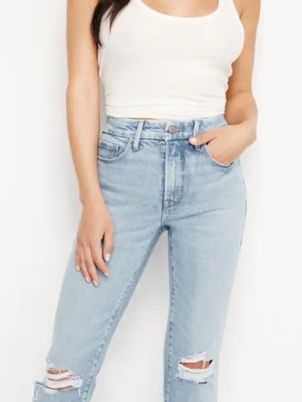 Good American High-Rise Light Blue Distressed Jeans